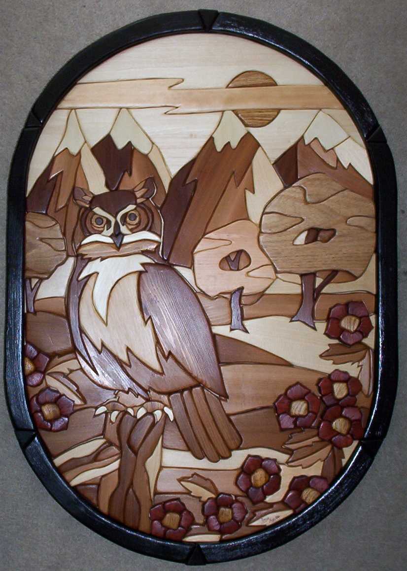 intarsia owl scene